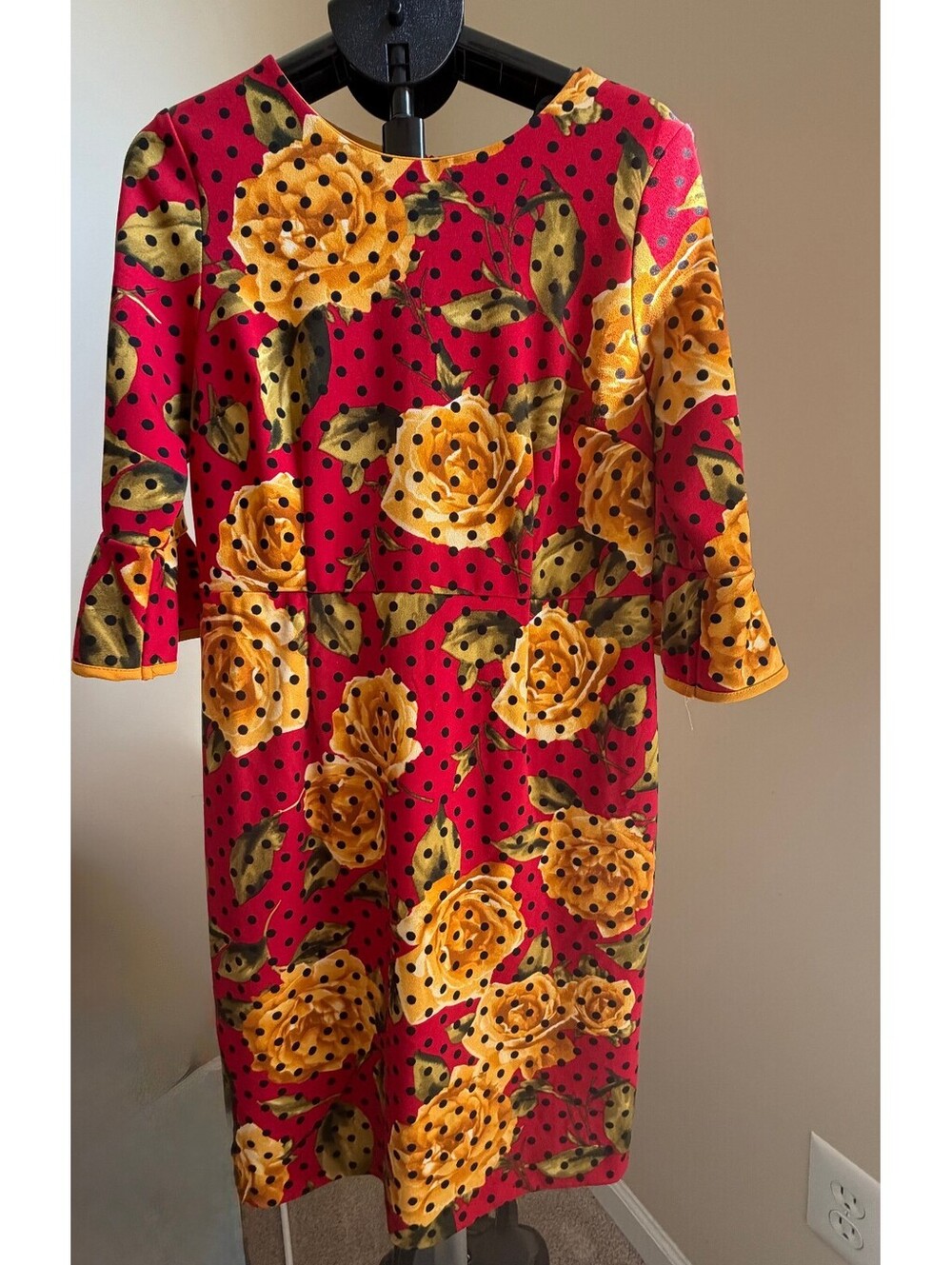 Shelby palmer Women's Sheath Dress 3/4 Sleeve Floral Polka Size 14 Red Yellow